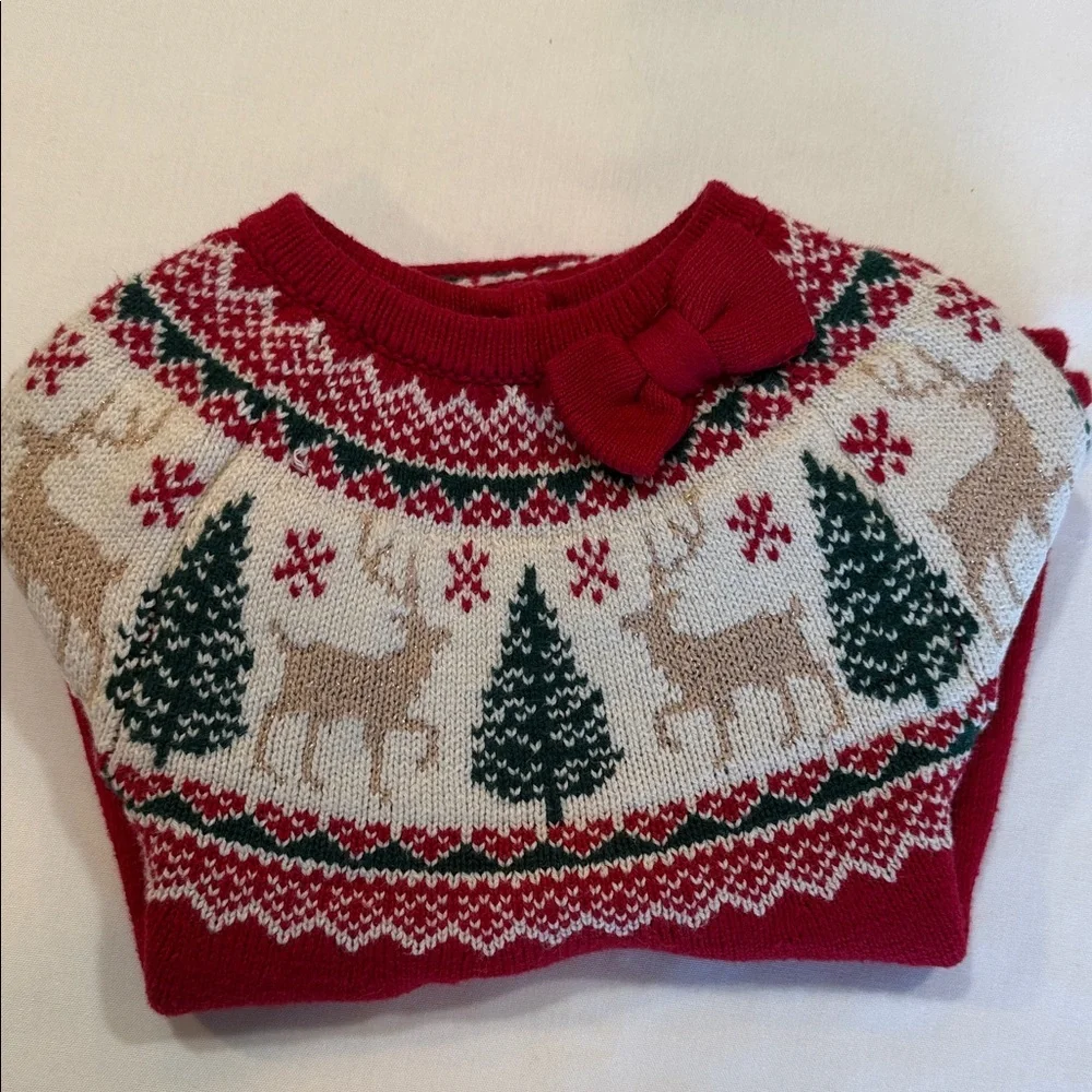 Adorable Tahari Red and Cream Knit Christmas Dress Christmas Trees Reindeer 0-3m